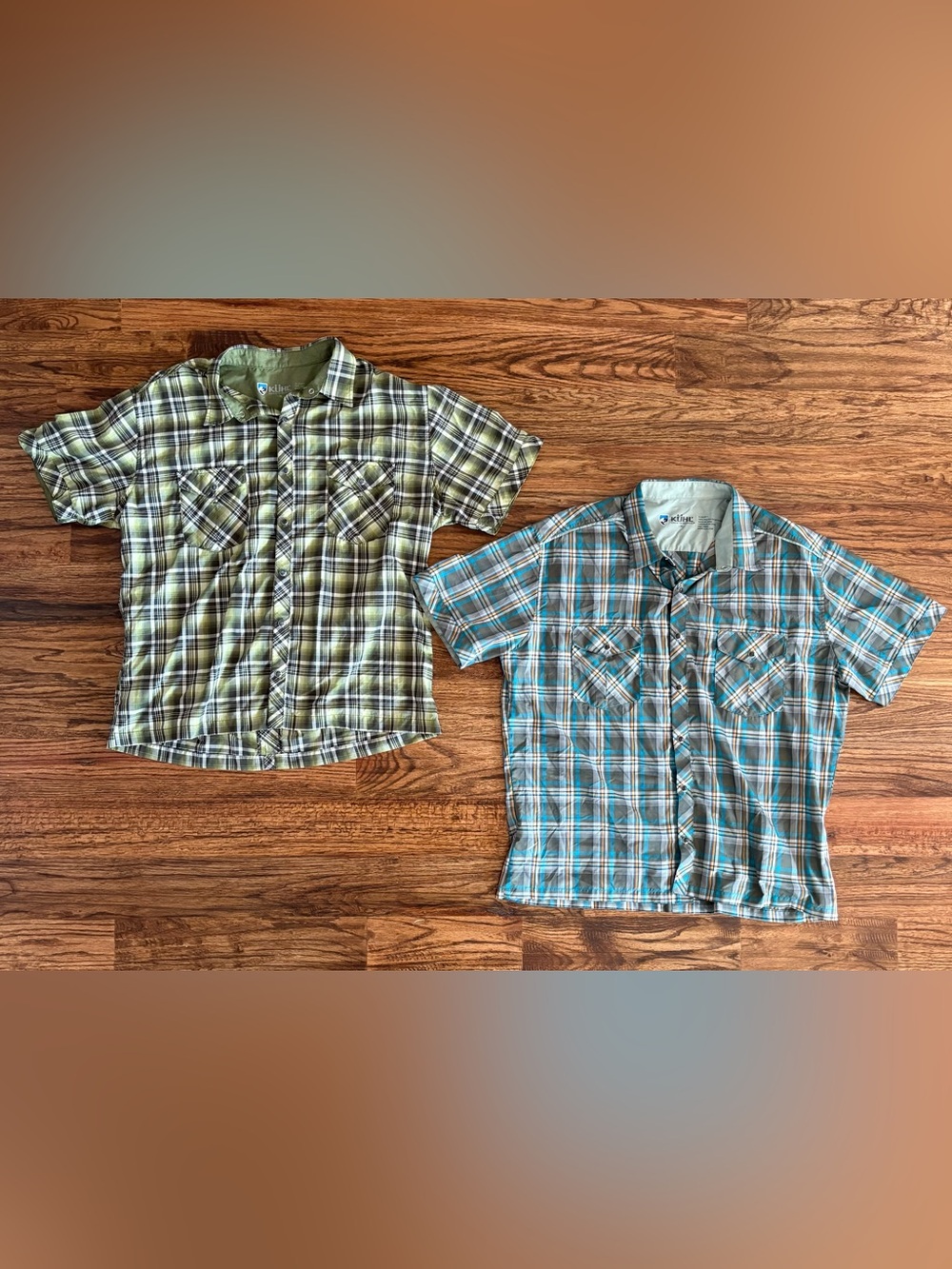 Men’s Kuhl Eluxur plaid short sleeve pearl button up shirts, size XL, lot of 2